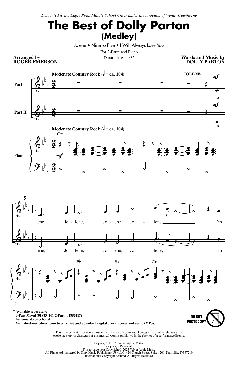 Download Roger Emerson The Best Of Dolly Parton (Medley) Sheet Music and learn how to play 2-Part Choir PDF digital score in minutes
