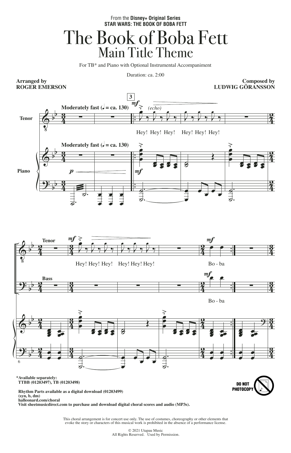 Download Roger Emerson The Book Of Boba Fett Main Title Theme (arr. Roger Emerson) Sheet Music and learn how to play TB Choir PDF digital score in minutes