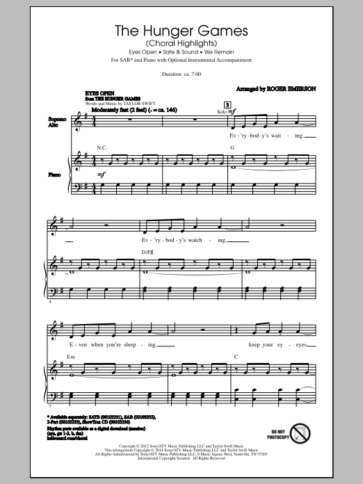 Download Various The Hunger Games (Choral Highlights) (arr. Roger Emerson) Sheet Music and learn how to play SAB PDF digital score in minutes