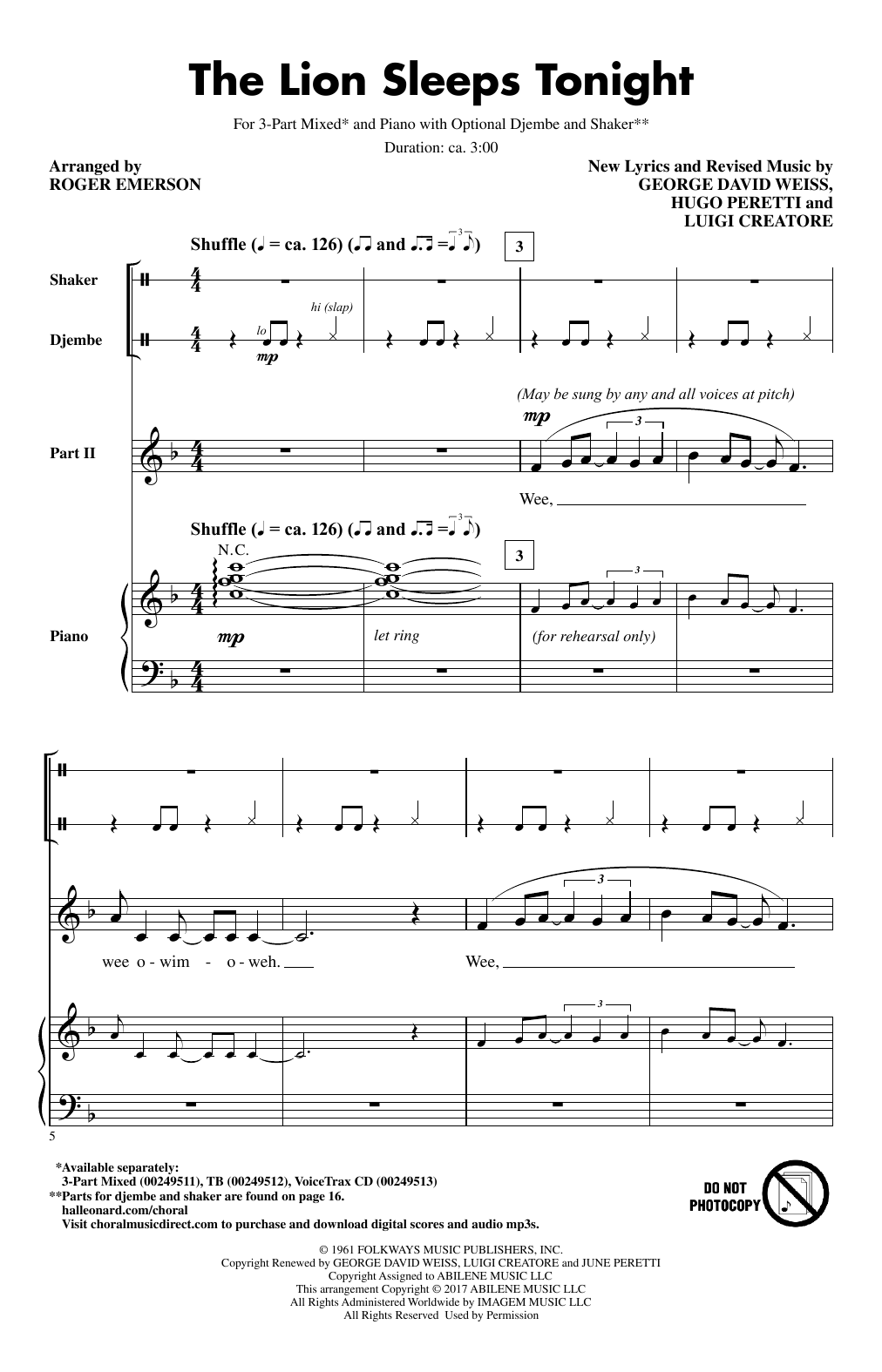 Download Roger Emerson The Lion Sleeps Tonight Sheet Music and learn how to play 3-Part Mixed PDF digital score in minutes