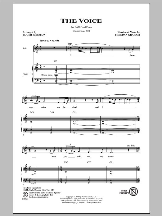 Download Brendan Graham The Voice (arr. Roger Emerson) Sheet Music and learn how to play SAB PDF digital score in minutes