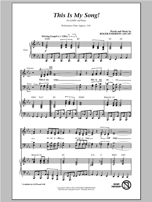 Download Roger Emerson This Is My Song! Sheet Music and learn how to play SAB PDF digital score in minutes