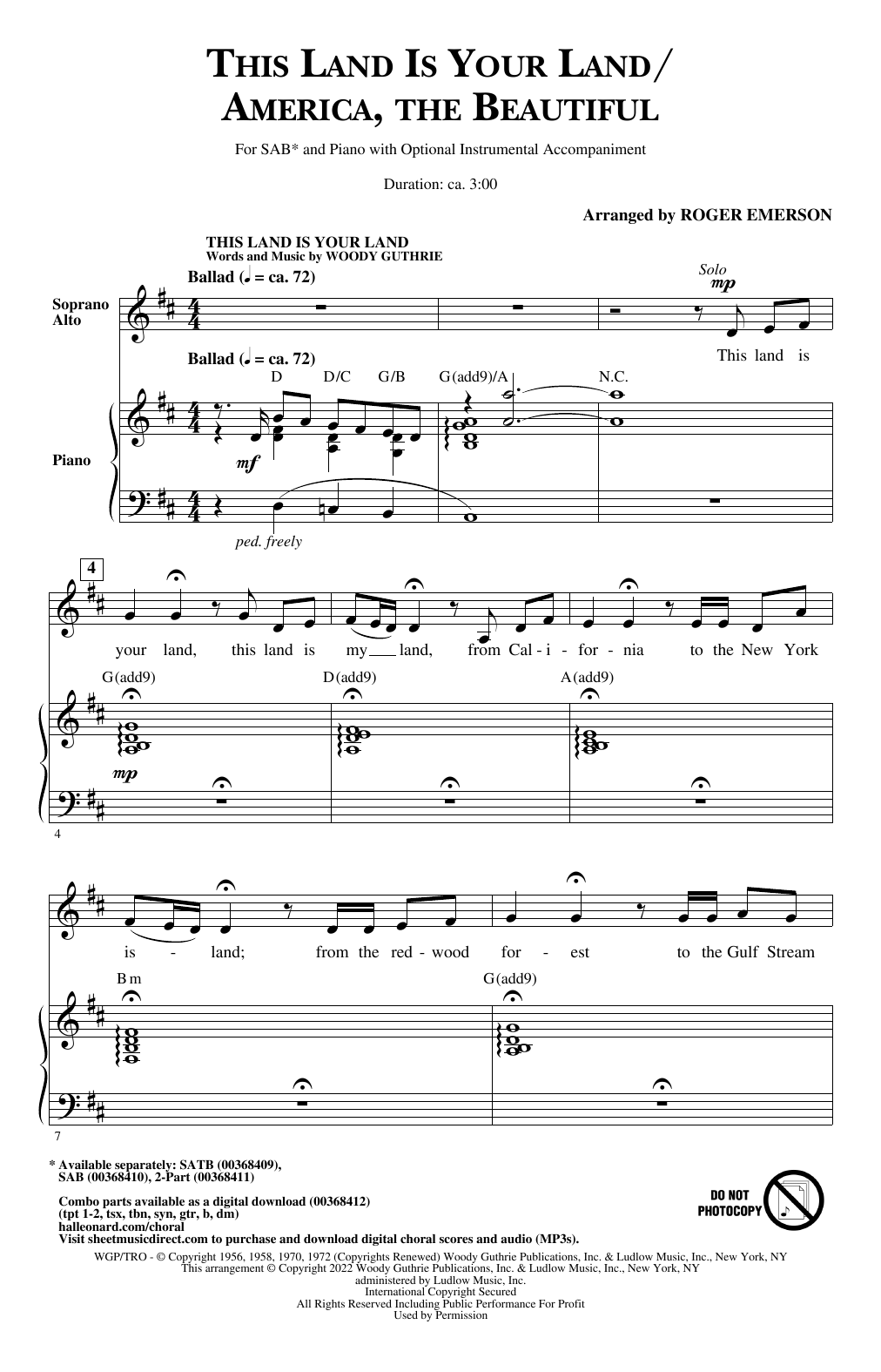 Download Roger Emerson This Land Is Your Land/America, The Beautiful Sheet Music and learn how to play 2-Part Choir PDF digital score in minutes
