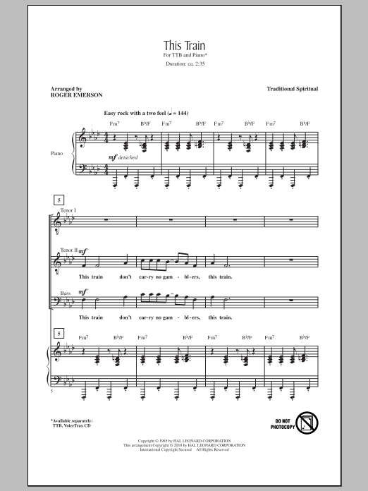 Download Roger Emerson This Train Sheet Music and learn how to play TTBB Choir PDF digital score in minutes