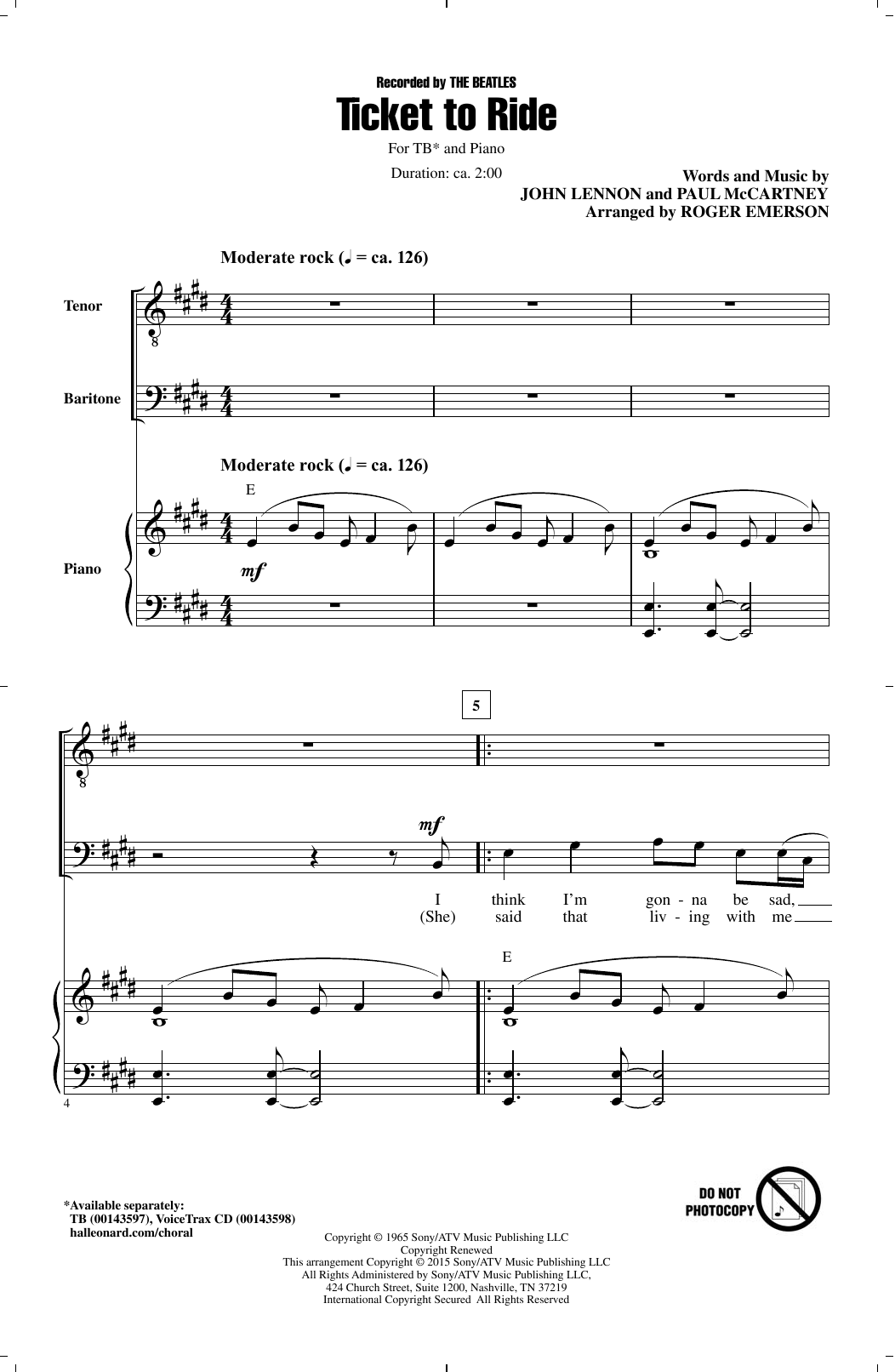 Download The Beatles Ticket To Ride (arr. Roger Emerson) Sheet Music and learn how to play TB PDF digital score in minutes