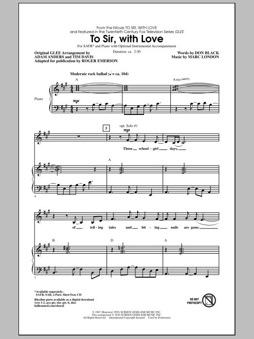 Download Roger Emerson To Sir, With Love Sheet Music and learn how to play SAB Choir PDF digital score in minutes