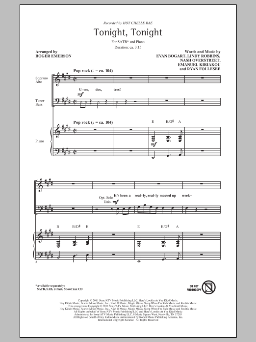 Download Hot Chelle Rae Tonight Tonight (arr. Roger Emerson) Sheet Music and learn how to play SAB PDF digital score in minutes
