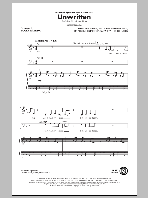 Download Natasha Bedingfield Unwritten (arr. Roger Emerson) Sheet Music and learn how to play 2-Part Choir PDF digital score in minutes