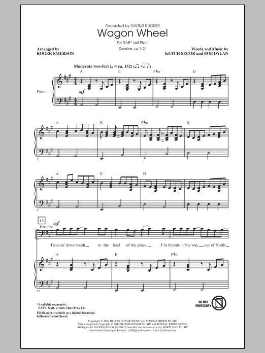 Download Roger Emerson Wagon Wheel Sheet Music and learn how to play SATB Choir PDF digital score in minutes