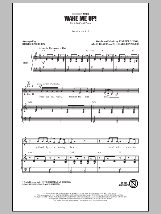 Download Avicii Wake Me Up (arr. Roger Emerson) Sheet Music and learn how to play SAB PDF digital score in minutes
