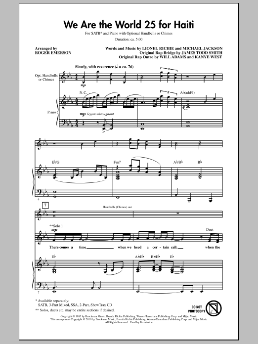 Download Roger Emerson We Are The World 25 For Haiti Sheet Music and learn how to play SATB Choir PDF digital score in minutes
