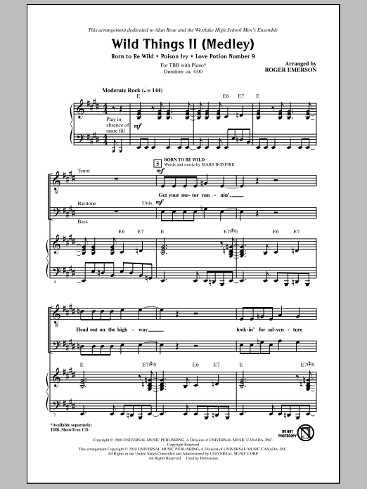 Download Roger Emerson Wild Things II (Medley) Sheet Music and learn how to play TBB Choir PDF digital score in minutes