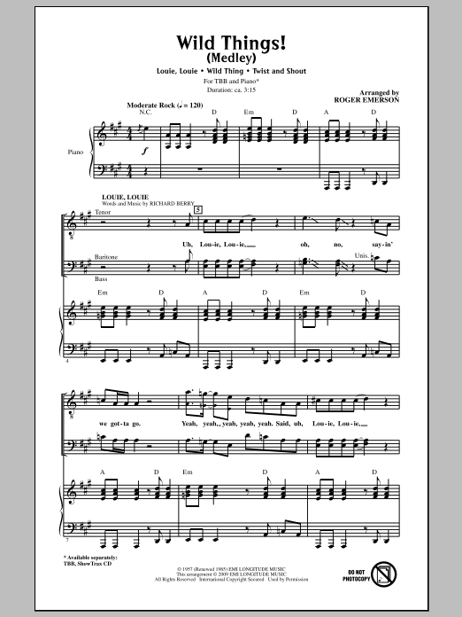 Download Roger Emerson Wild Things! (Medley) Sheet Music and learn how to play TBB Choir PDF digital score in minutes