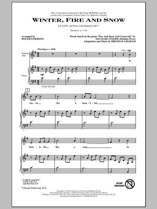 Download Roger Emerson Winter, Fire And Snow Sheet Music and learn how to play SSA Choir PDF digital score in minutes