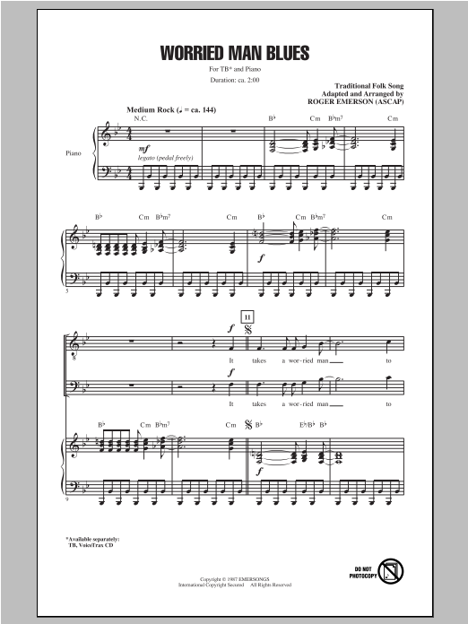 Download Traditional Folksong Worried Man Blues (arr. Roger Emerson) Sheet Music and learn how to play TB PDF digital score in minutes