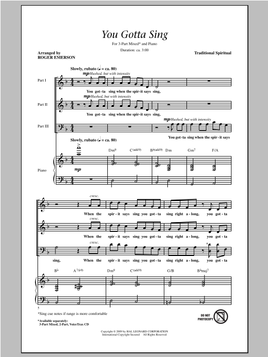 Download Traditional Spiritual You Gotta Sing (arr. Roger Emerson) Sheet Music and learn how to play 2-Part Choir PDF digital score in minutes