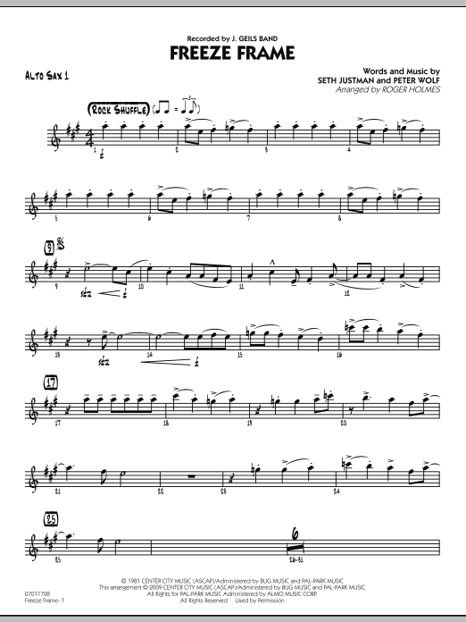 Download Roger Holmes Freeze Frame - Alto Sax 1 Sheet Music and learn how to play Jazz Ensemble PDF digital score in minutes