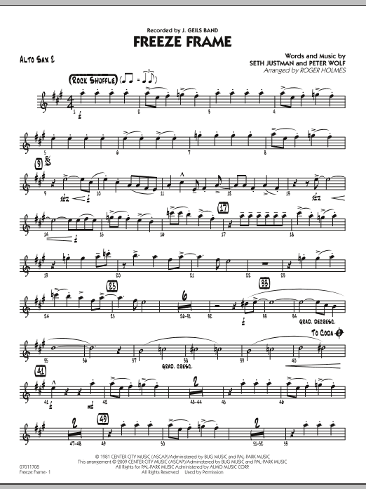 Download Roger Holmes Freeze Frame - Alto Sax 2 Sheet Music and learn how to play Jazz Ensemble PDF digital score in minutes