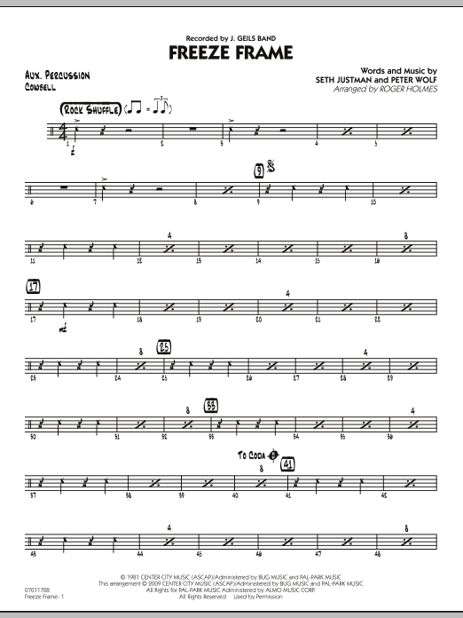 Download Roger Holmes Freeze Frame - Aux Percussion Sheet Music and learn how to play Jazz Ensemble PDF digital score in minutes