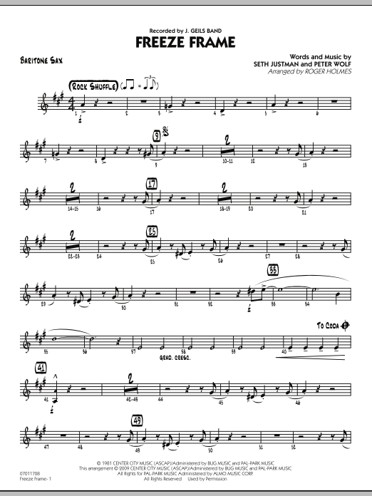 Download Roger Holmes Freeze Frame - Baritone Sax Sheet Music and learn how to play Jazz Ensemble PDF digital score in minutes