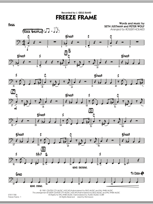 Download Roger Holmes Freeze Frame - Bass Sheet Music and learn how to play Jazz Ensemble PDF digital score in minutes