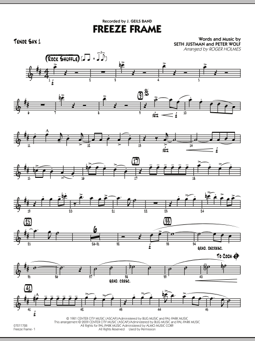 Download Roger Holmes Freeze Frame - Tenor Sax 1 Sheet Music and learn how to play Jazz Ensemble PDF digital score in minutes