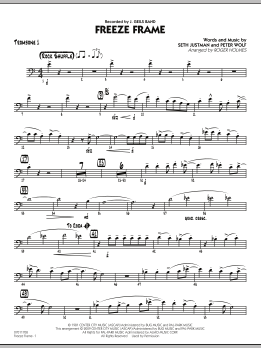 Download Roger Holmes Freeze Frame - Trombone 1 Sheet Music and learn how to play Jazz Ensemble PDF digital score in minutes