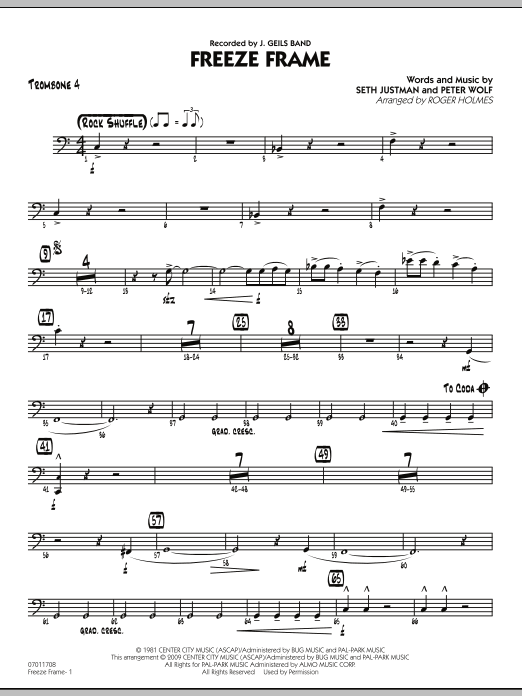 Download Roger Holmes Freeze Frame - Trombone 4 Sheet Music and learn how to play Jazz Ensemble PDF digital score in minutes