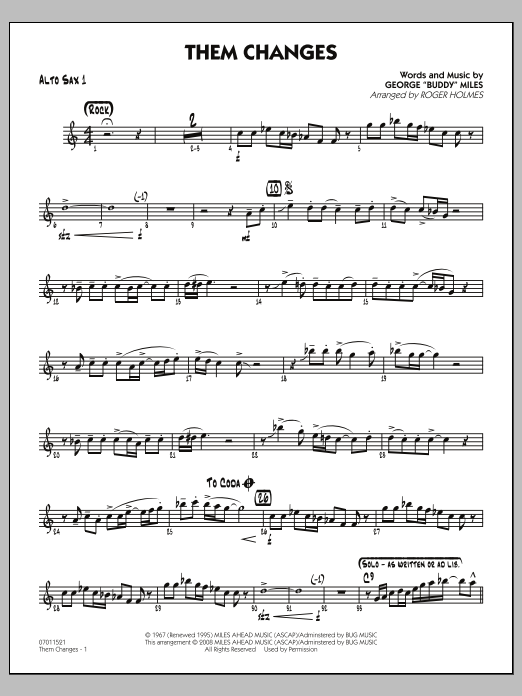 Download Roger Holmes Them Changes - Alto Sax 1 Sheet Music and learn how to play Jazz Ensemble PDF digital score in minutes