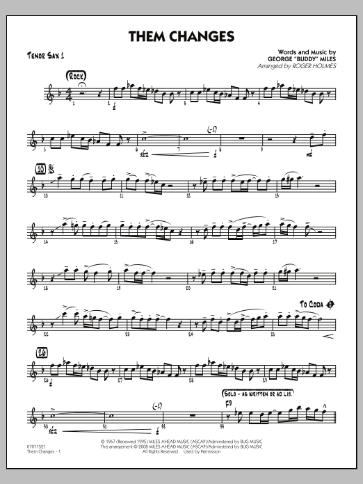 Download Roger Holmes Them Changes - Tenor Sax 1 Sheet Music and learn how to play Jazz Ensemble PDF digital score in minutes