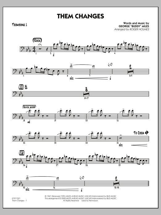 Download Roger Holmes Them Changes - Trombone 1 Sheet Music and learn how to play Jazz Ensemble PDF digital score in minutes