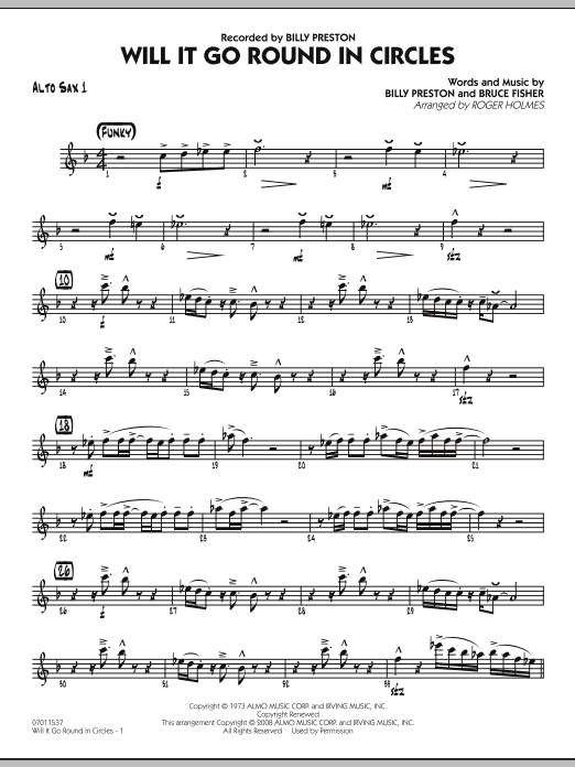 Download Roger Holmes Will It Go Round in Circles? - Alto Sax 1 Sheet Music and learn how to play Jazz Ensemble PDF digital score in minutes