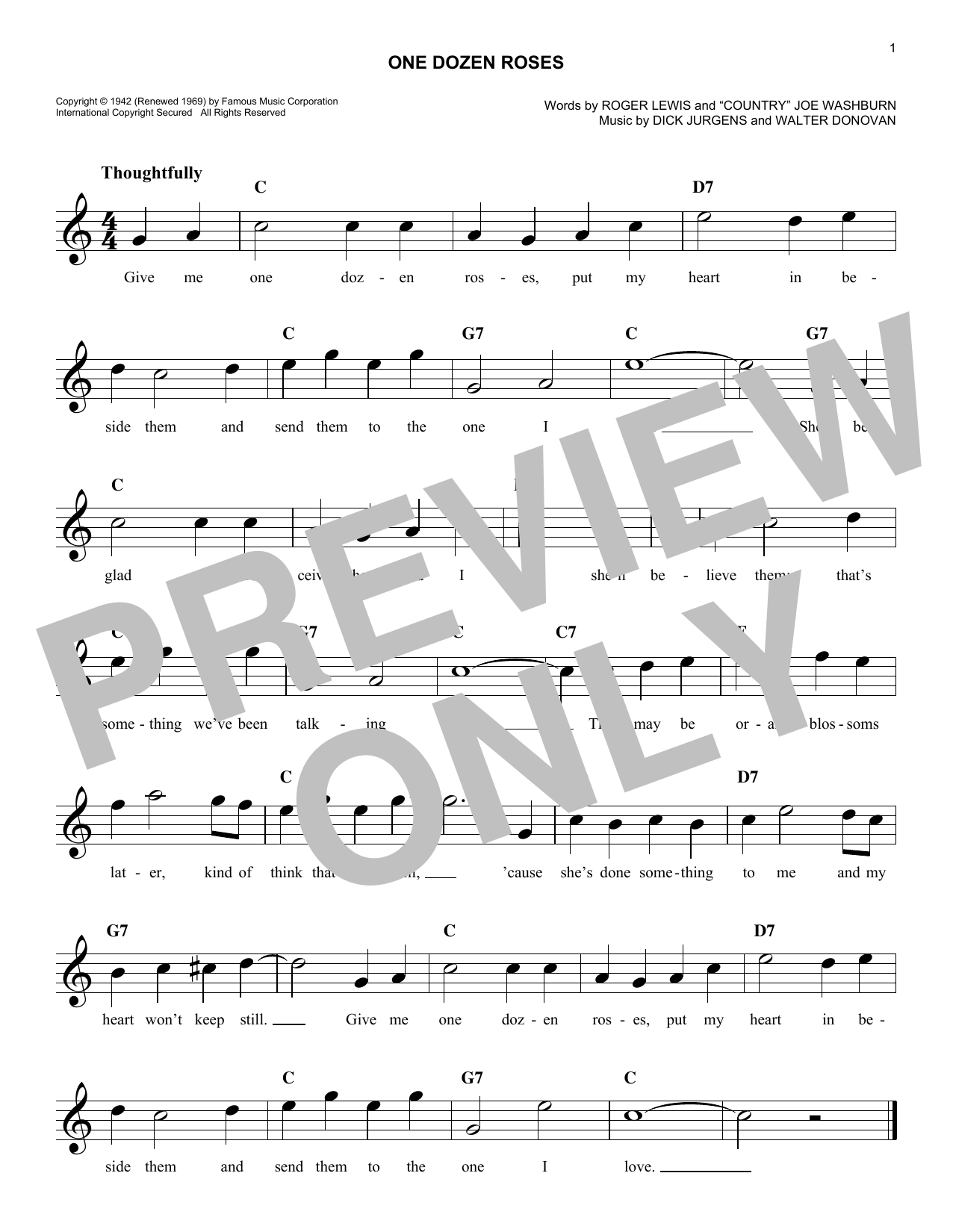 Download Roger Lewis One Dozen Roses Sheet Music and learn how to play Melody Line, Lyrics & Chords PDF digital score in minutes