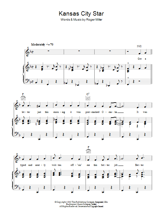 Download Roger Miller Kansas City Star Sheet Music and learn how to play Piano, Vocal & Guitar (Right-Hand Melody) PDF digital score in minutes