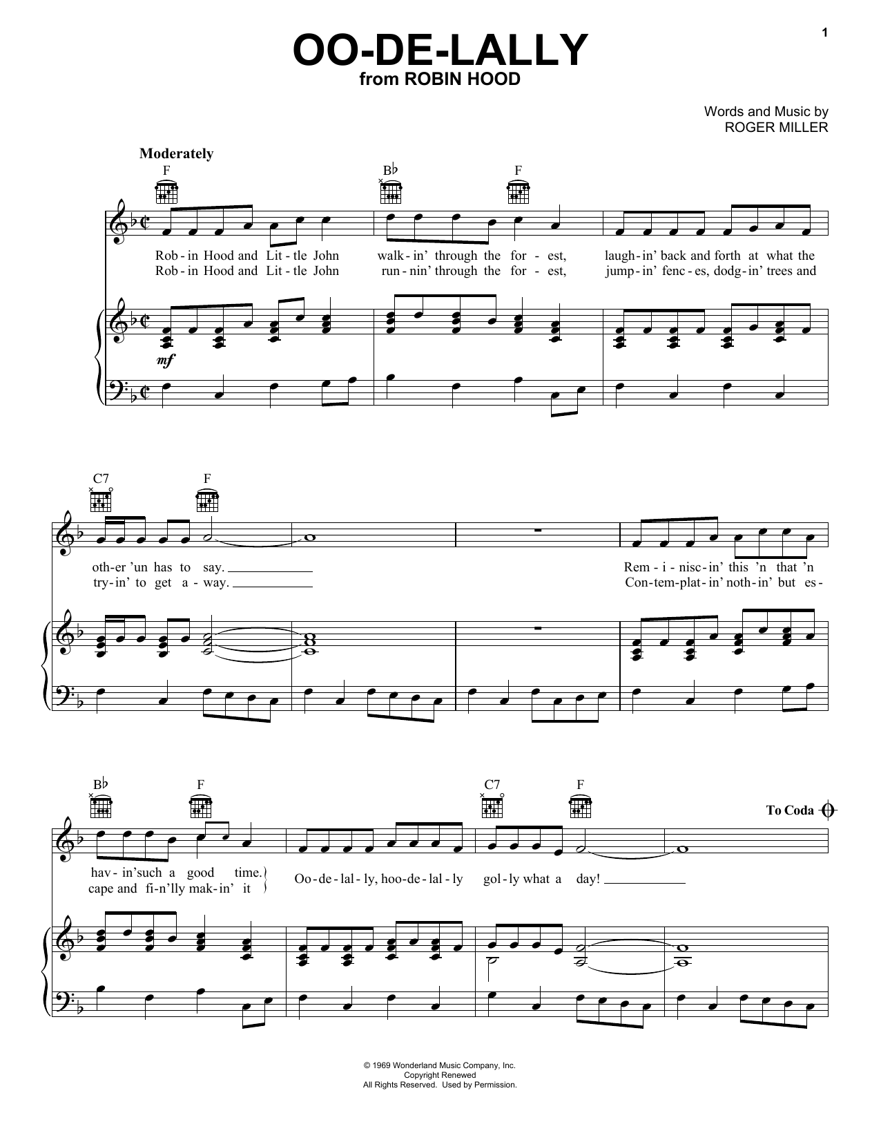 Download Roger Miller Oo-De-Lally (from Robin Hood) Sheet Music and learn how to play Easy Piano PDF digital score in minutes