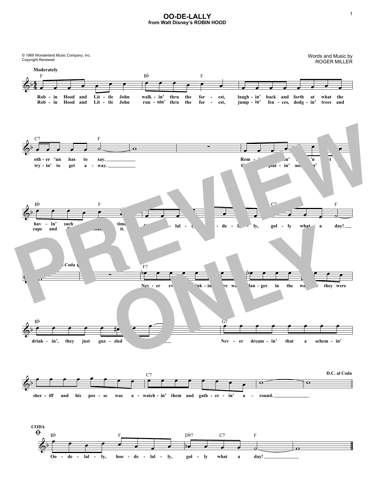 Download Roger Miller Oo-De-Lally Sheet Music and learn how to play Melody Line, Lyrics & Chords PDF digital score in minutes