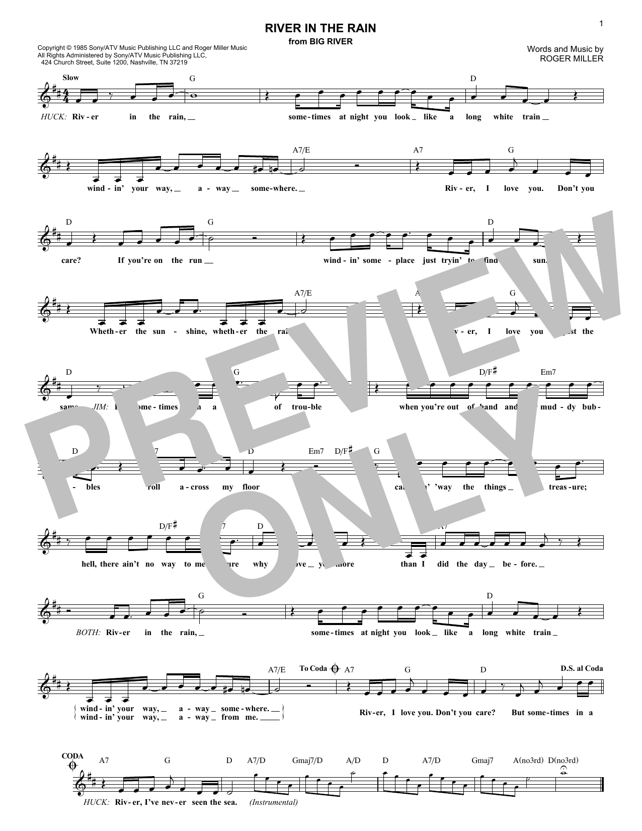 Download Roger Miller River In The Rain Sheet Music and learn how to play Melody Line, Lyrics & Chords PDF digital score in minutes