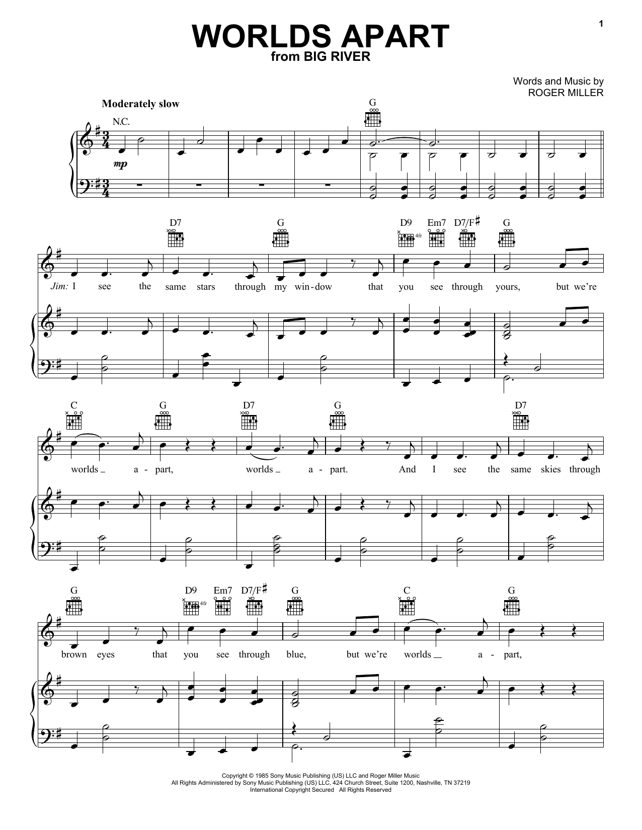 Download Roger Miller Worlds Apart Sheet Music and learn how to play Piano, Vocal & Guitar Chords (Right-Hand Melody) PDF digital score in minutes