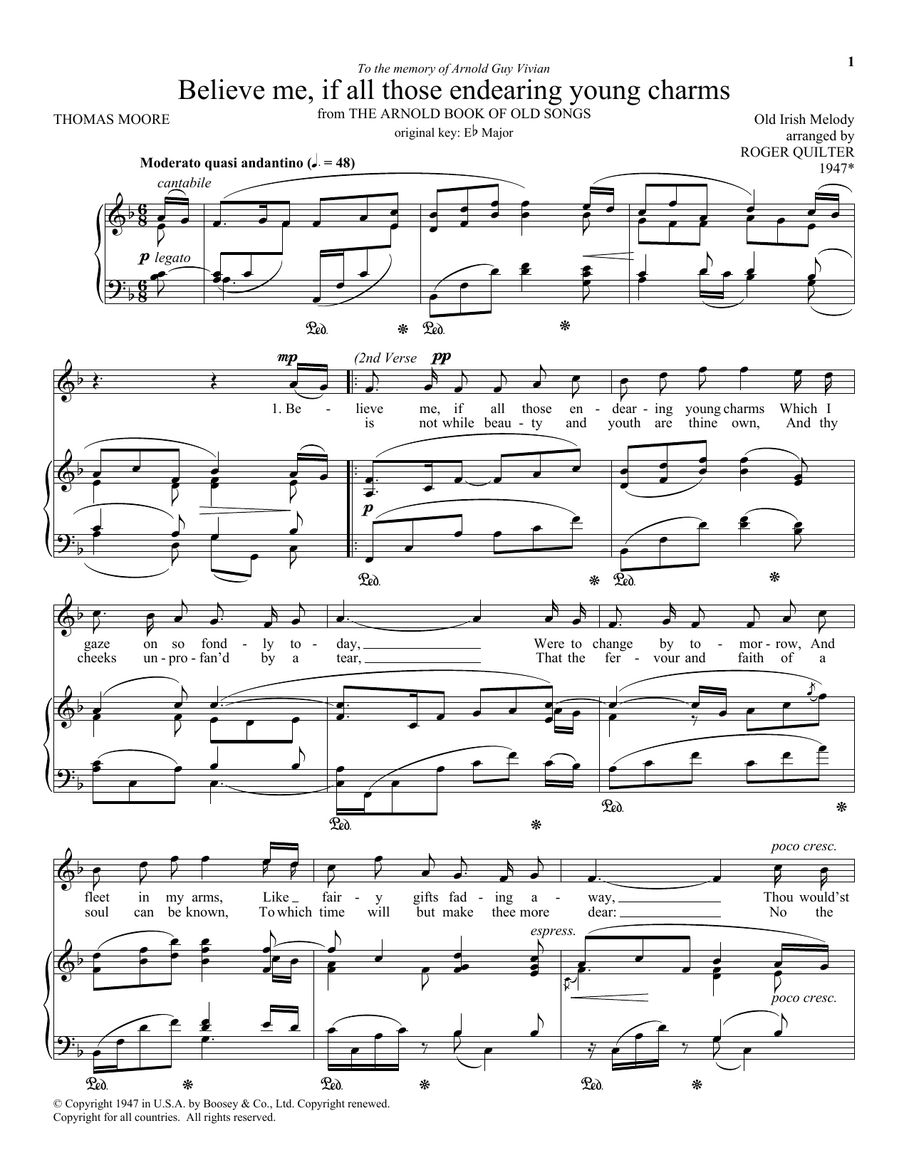 Download Roger Quilter Believe Me, If All Those Endearing Young Charms Sheet Music and learn how to play Piano & Vocal PDF digital score in minutes