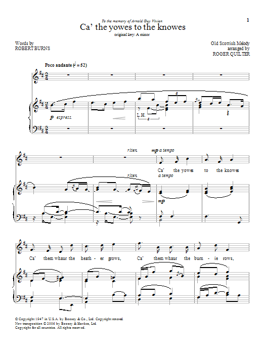 Download Roger Quilter Ca' The Yowes To The Knowes Sheet Music and learn how to play Piano & Vocal PDF digital score in minutes