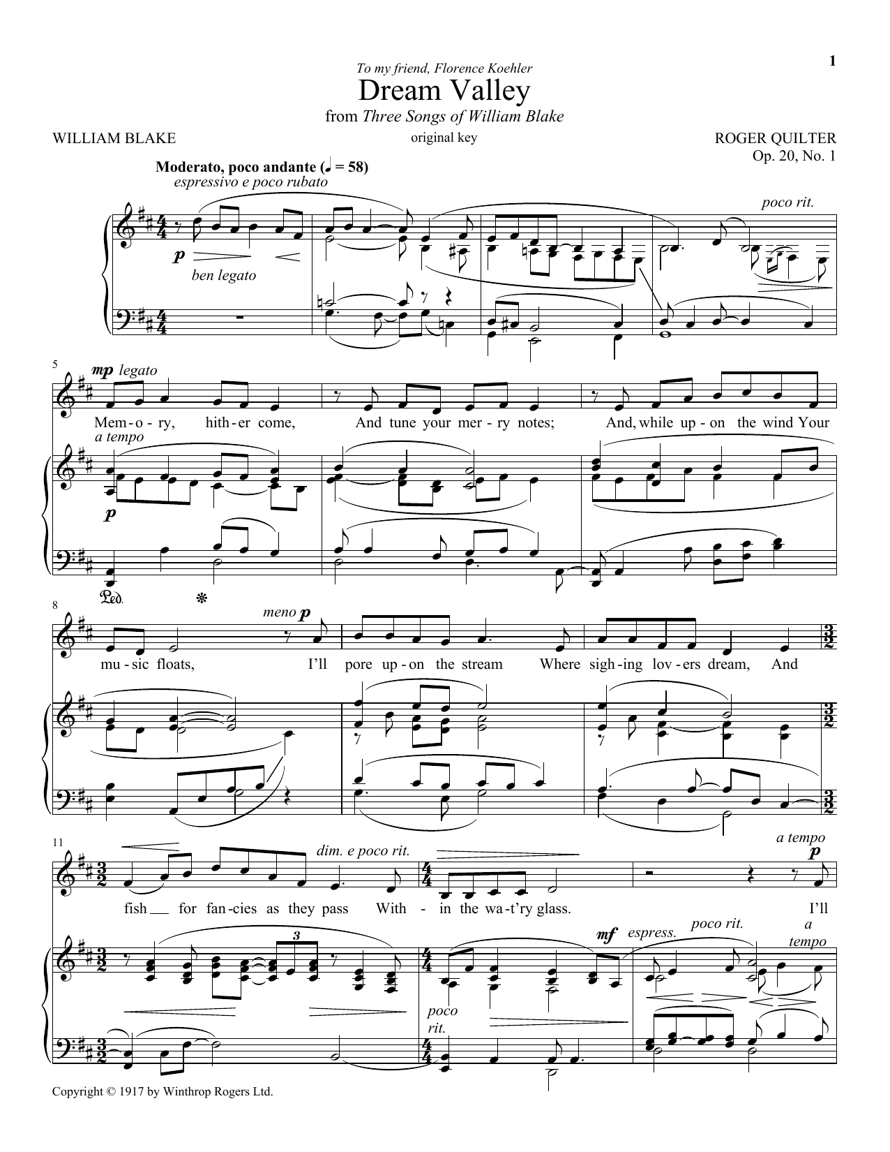 Download Roger Quilter Dream Valley, Op. 20, No. 1 Sheet Music and learn how to play Piano & Vocal PDF digital score in minutes
