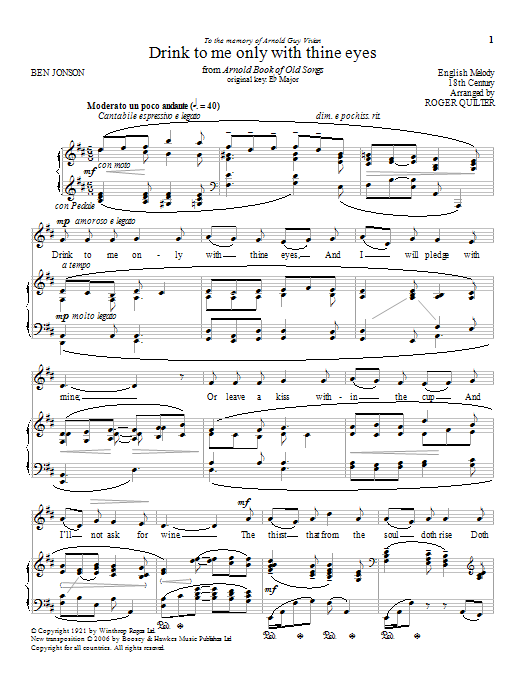 Download Roger Quilter Drink To Me Only With Thine Eyes Sheet Music and learn how to play Piano & Vocal PDF digital score in minutes