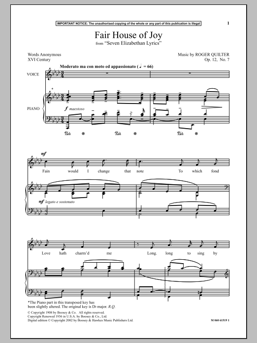 Download Roger Quilter Fair House Of Joy (from Seven Elizabethan Lyrics) Sheet Music and learn how to play Piano & Vocal PDF digital score in minutes