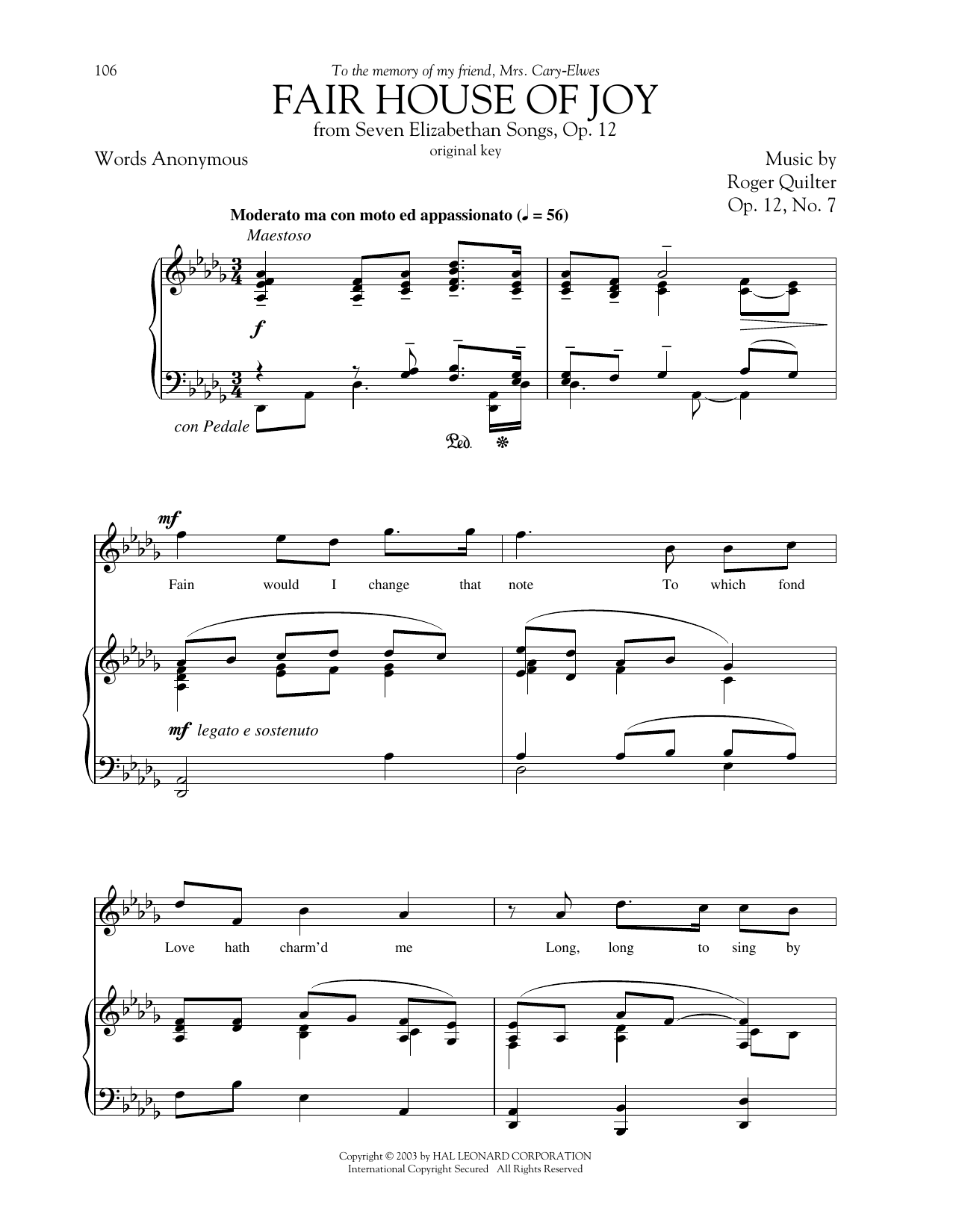 Download Roger Quilter Fair House Of Joy Sheet Music and learn how to play Piano & Vocal PDF digital score in minutes