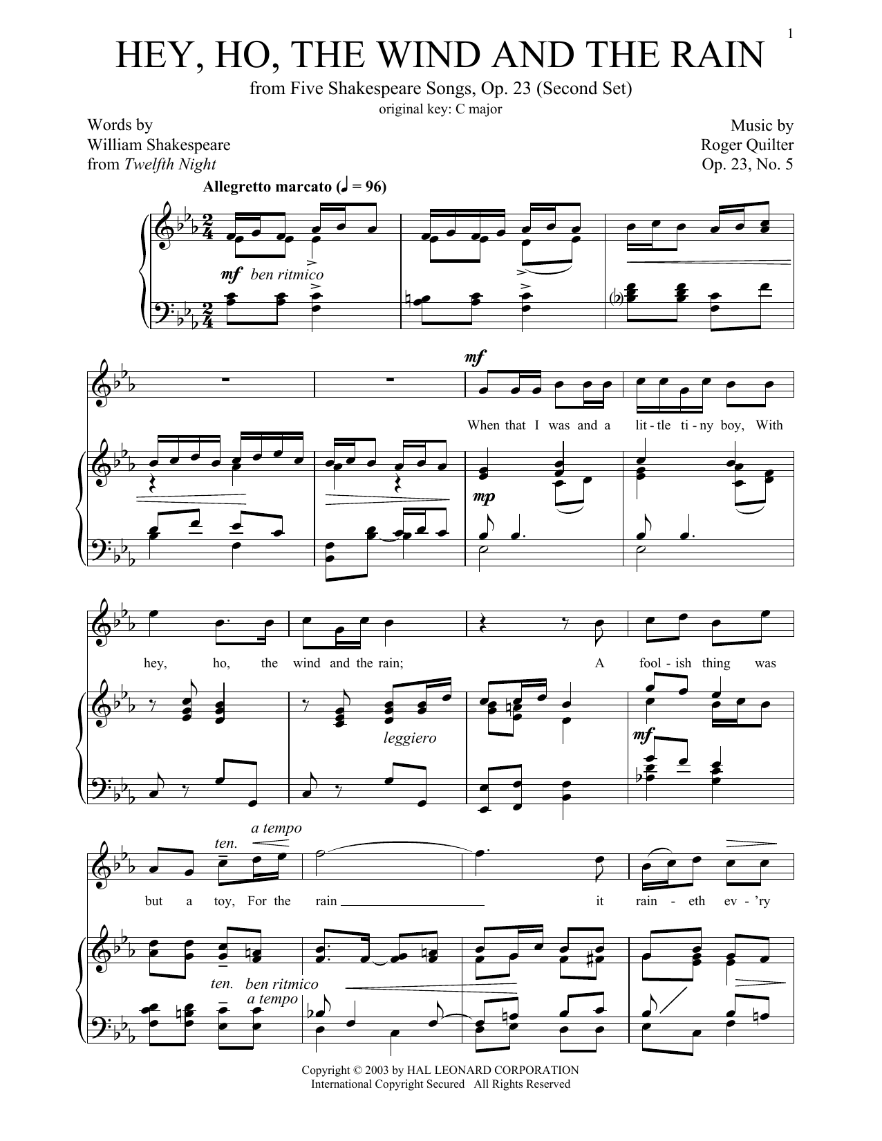 Download Roger Quilter Hey, Ho, The Wind And The Rain (High Voice) Sheet Music and learn how to play Piano & Vocal PDF digital score in minutes