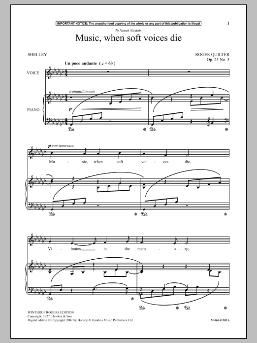 Download Roger Quilter Music, When Soft Voices Die Sheet Music and learn how to play Piano PDF digital score in minutes