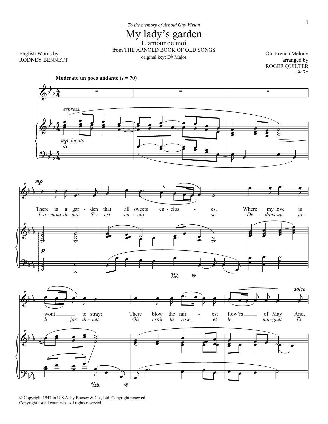 Download Roger Quilter My Lady's Garden (L'amour De Moi) Sheet Music and learn how to play Piano & Vocal PDF digital score in minutes