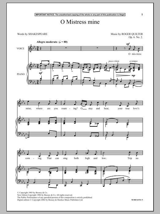 Download Roger Quilter O Mistress Mine Sheet Music and learn how to play Piano & Vocal PDF digital score in minutes