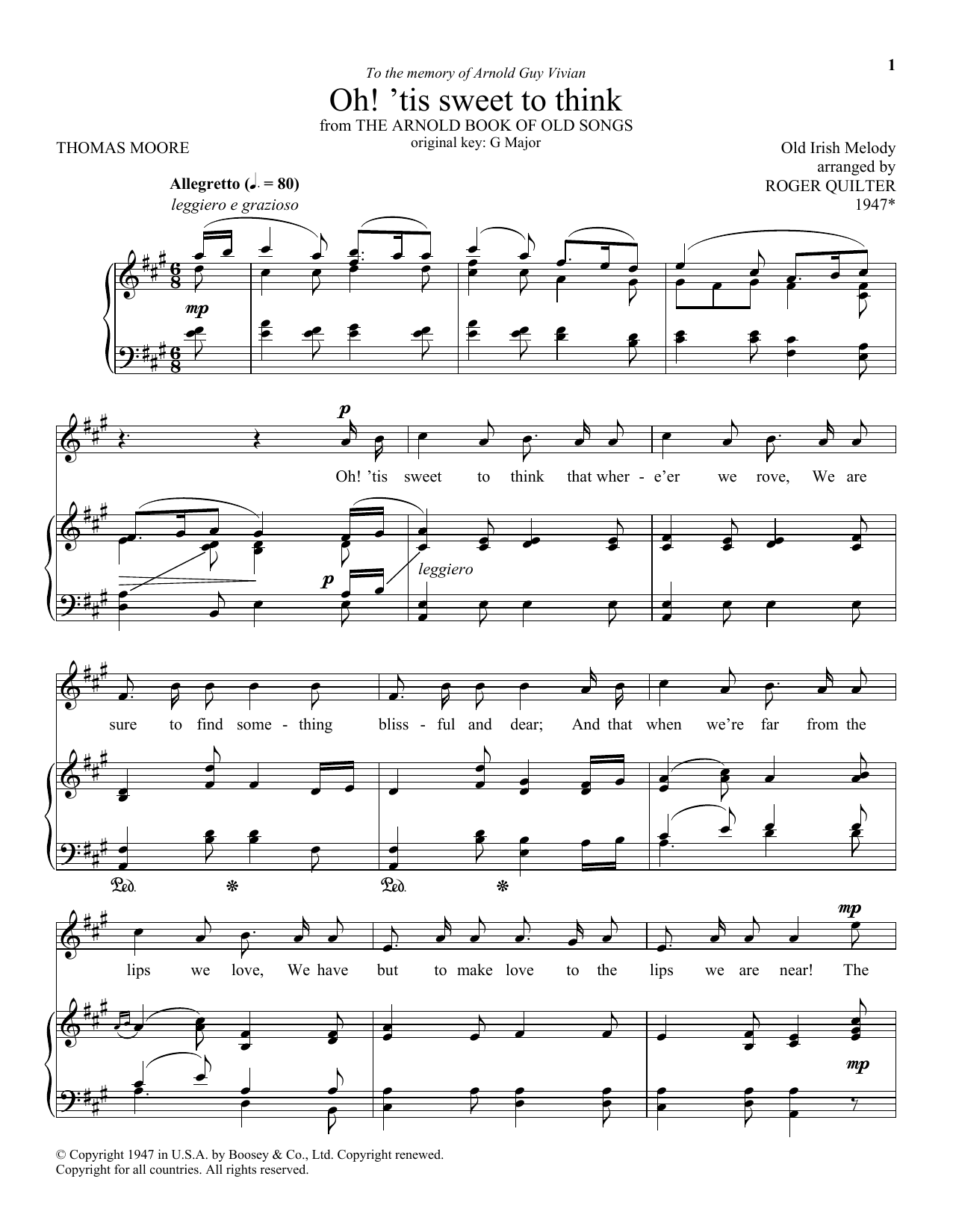 Download Roger Quilter Oh! 'Tis Sweet To Think Sheet Music and learn how to play Piano & Vocal PDF digital score in minutes