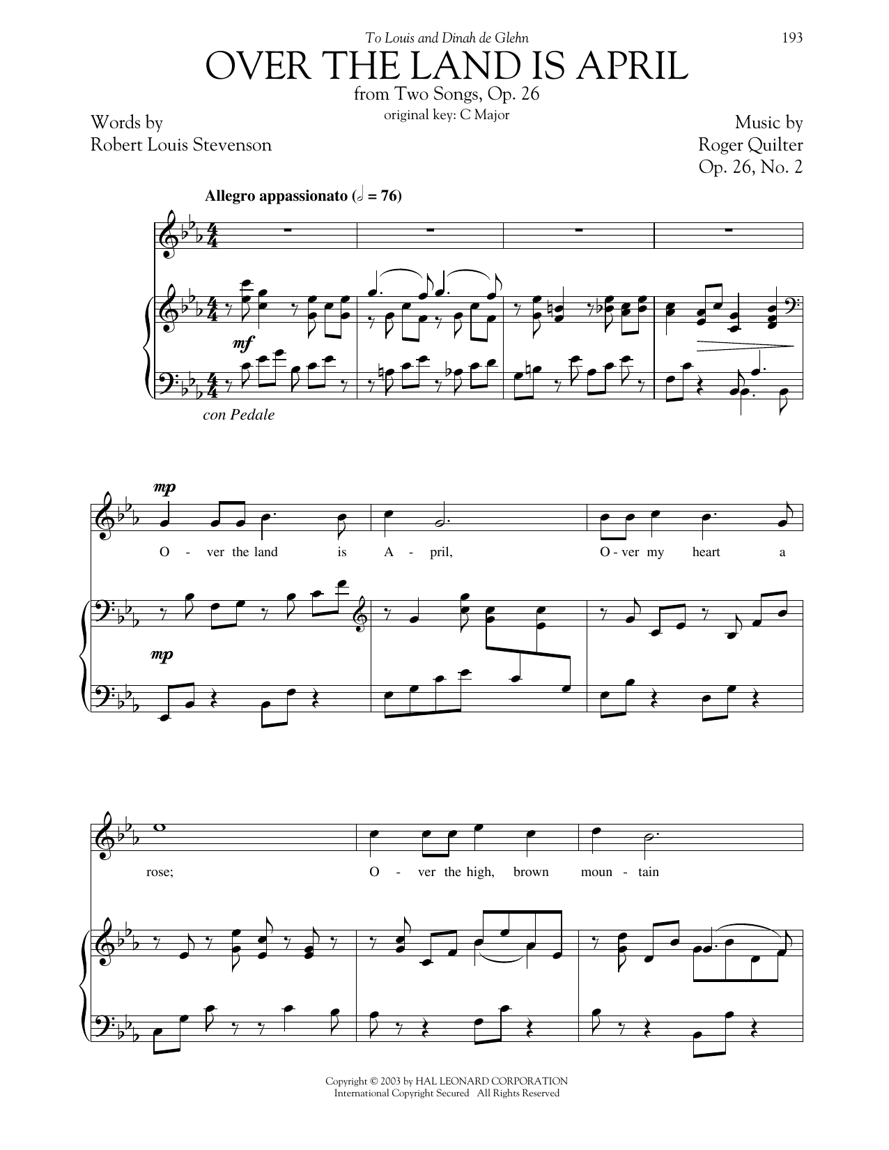 Download Roger Quilter Over The Land Is April (from Two Songs, Op. 26, No. 2) (High Voice) Sheet Music and learn how to play Piano & Vocal PDF digital score in minutes